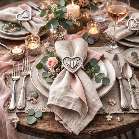 ROBINWOOD Set of 4 Metal Heart Napkin Rings in Pewter Antique Silver Finish - Picture 2 of 8